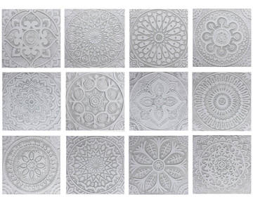 These handmade tiles make wonderful kitchen tiles, bathroom tiles, wall hangings and outdoor wall art.  Grey & white relief tile handmade in Spain.