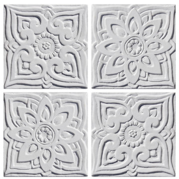 These handmade tiles make wonderful kitchen tiles, bathroom tiles, wall decor and outdoor wall art.  White relief tile handmade in Spain.