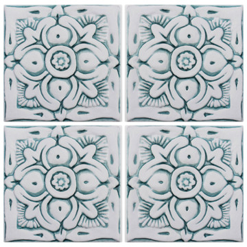 Handmade tile for kitchens, bathrooms and outdoor wall art. Decorative tile handmade in Spain in aqua & white.