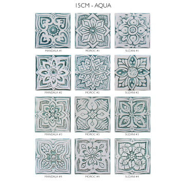 Handmade tile for kitchens, bathrooms and outdoor wall art. Decorative tile handmade in Spain in aqua & white.