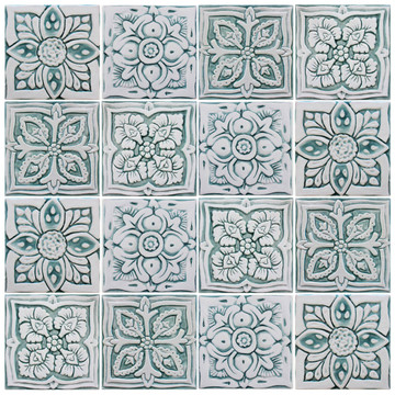 Handmade tile for kitchens, bathrooms and outdoor wall art. Decorative tile handmade in Spain in aqua & white.