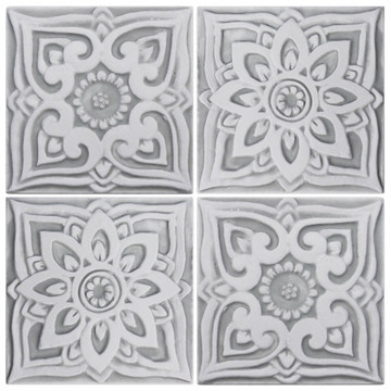 Handmade tile for kitchens, bathrooms and outdoor wall art. Decorative tile handmade in Spain. Relief tile glazed in grey and white.