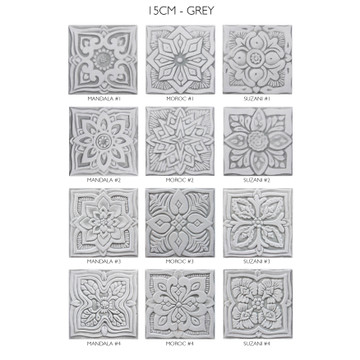 Handmade Moroccan tile for kitchens, bathrooms and outdoor wall art. Decorative tile handmade in Spain. Relief tile glazed in grey and white.