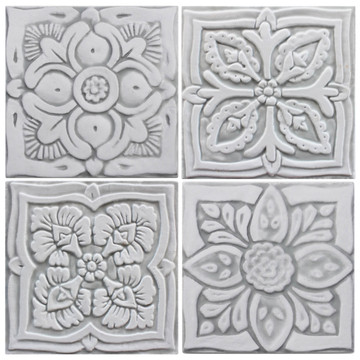 Handmade tile for kitchens, bathrooms and outdoor wall art. Decorative tile handmade in Spain. Relief tile glazed in grey and white.