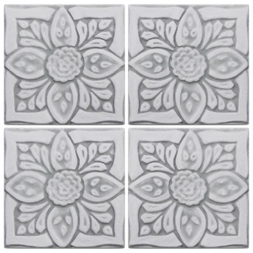 Handmade tile for kitchens, bathrooms and outdoor wall art. Decorative tile handmade in Spain. Relief tile glazed in grey and white.