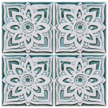 Handmade tile for kitchens, bathrooms and outdoor wall art. Decorative tile handmade in Spain. Relief tile glazed in aqua and white.