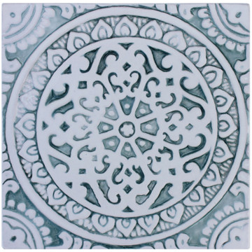 Handmade tile with carved relief for kitchens, bathrooms and outdoor wall art. Decorative tile handmade in Spain in aqua & white.