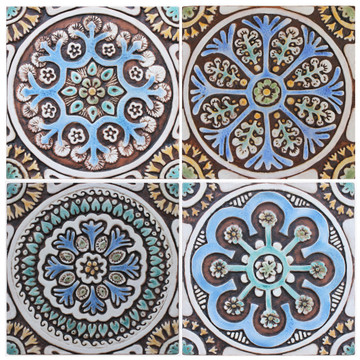 These handmade tiles make wonderful wall hangings and outdoor wall art.  These decorative tiles are handmade in Spain and glazed in matt blue and finished in aged effect.