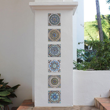 These handmade tiles make wonderful wall hangings and outdoor wall art.  These decorative tiles are handmade in Spain and glazed in matt blue and finished in aged effect.