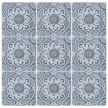 Handmade tile with carved relief for kitchens, bathrooms and outdoor wall art. Decorative tile handmade in Spain in aqua & white.