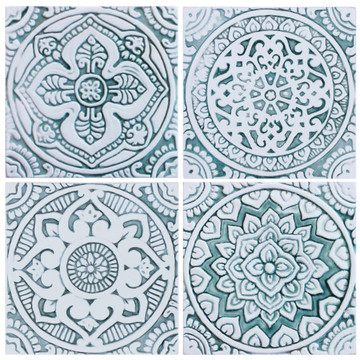 Handmade tile with carved relief for kitchens, bathrooms and outdoor wall art. Decorative tile handmade in Spain in aqua & white.