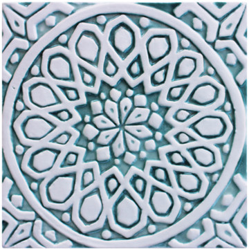 Handmade tile with carved relief for kitchens, bathrooms and outdoor wall art. Decorative tile handmade in Spain in aqua & white.