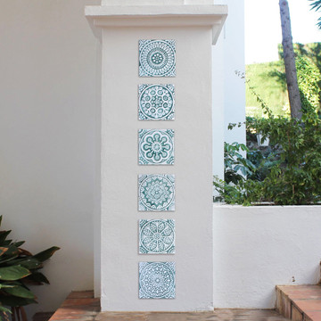 Handmade tile with carved relief for kitchens, bathrooms and outdoor wall art. Decorative tile handmade in Spain in aqua & white.