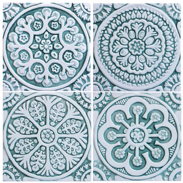 Handmade tile with carved relief for kitchens, bathrooms and outdoor wall art. Decorative tile handmade in Spain in aqua & white.