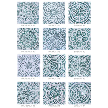 Handmade tile with carved relief for kitchens, bathrooms and outdoor wall art. Decorative tile handmade in Spain in aqua & white.