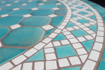 Mosaic table made from Handmade tiles.  Custom designed ceramic table, handmade in Spain.