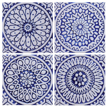 Handmade tile for kitchens, bathrooms and outdoor wall art. Decorative tile handmade in Spain. Relief tile glazed in blue and white.