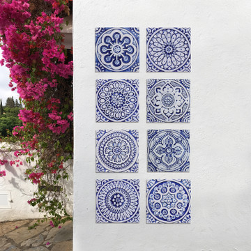 Handmade tile for kitchens, bathrooms and outdoor wall art. Decorative tile handmade in Spain. Relief tile glazed in blue and white.