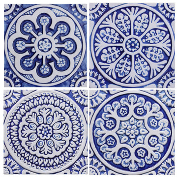 Handmade tile for kitchens, bathrooms and outdoor wall art. Decorative tile handmade in Spain. Relief tile glazed in blue and white.