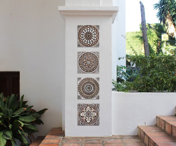 These decorative tiles make wonderful wall hangings and outdoor wall art.  These handmade Spanish tiles are carved in relief and glazed in matt brown and finished in aged effect.