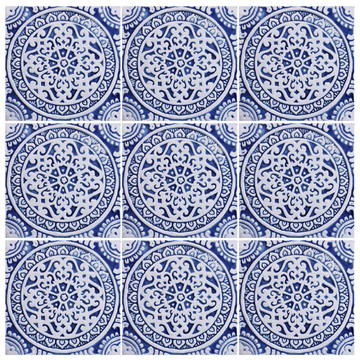 Blue and white handmade tile with relief for kitchens bathrooms and outdoor wall art. Decorative tile handmade in Spain.