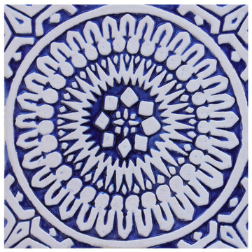 Blue and white handmade tile with relief for kitchens bathrooms and outdoor wall art. Decorative tile handmade in Spain.