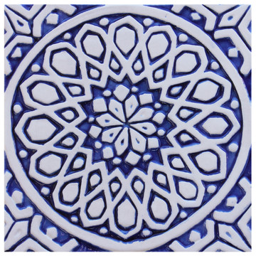 Blue and white handmade tile with relief for kitchens bathrooms and outdoor wall art. Decorative tile handmade in Spain.