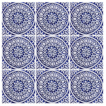 Blue and white handmade tile with relief for kitchens bathrooms and outdoor wall art. Decorative tile handmade in Spain.