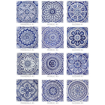 Blue and white handmade tile with relief for kitchens bathrooms and outdoor wall art. Decorative tile handmade in Spain.