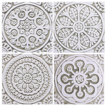 Handmade tile for kitchens, bathrooms and outdoor wall art. Decorative tile handmade in Spain. Relief tile glazed in beige and white.