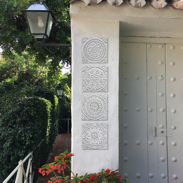 Handmade tile for kitchens, bathrooms and outdoor wall art. Decorative tile handmade in Spain. Relief tile glazed in grey and white.