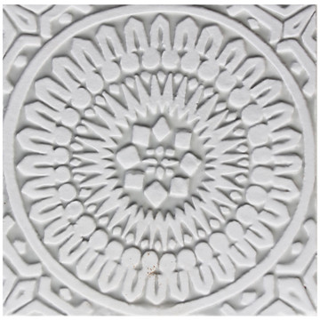 Handmade tile for kitchens, bathrooms and outdoor wall art. Decorative tile handmade in Spain. Relief tile glazed in grey and white.