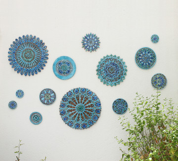 Ceramic wall art circles Mandala #2 Matt blue SET3