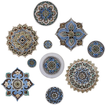 Ceramic wall art circles Mandala #5 Matt blue SET3