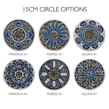 Create your unique wall art installation with these circular handmade tiles. Ceramic wall art for kitchens, bathrooms and outdoor wall decor. Our decorative tiles make a beautiful wall art installations when combined together.
