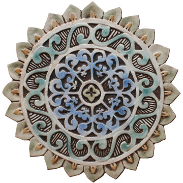 These circular handmade tiles make unique wall hangings for kitchens, bathrooms or outdoor wall art. Our decorative tiles can also be combined with our other circular tiles to make larger wall art installations.