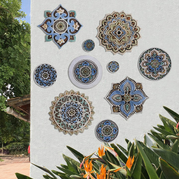 These circular handmade tiles make unique wall hangings for kitchens, bathrooms or outdoor wall art. Our decorative tiles can also be combined with our other circular tiles to make larger wall art installations.