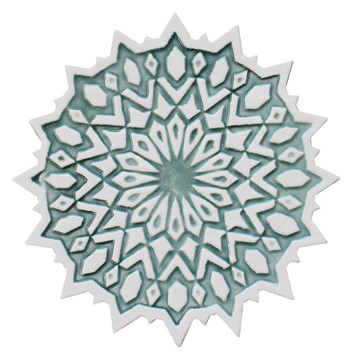 These circular handmade tiles make unique wall hangings for kitchens, bathrooms or outdoor wall art. Our aqua and white decorative tiles can also be combined with our other circular tiles to make larger wall art installations.
