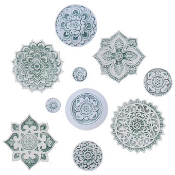 These circular tiles make beautiful outdoor wall art.  Aqua and white wall hangings for kitchens, bathrooms and wall decor. Our decorative tiles can also be combined with our other handmade tiles to make larger wall art installations.