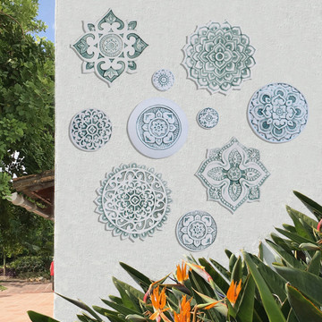 These circular tiles make beautiful outdoor wall art.  Aqua and white wall hangings for kitchens, bathrooms and wall decor. Our decorative tiles can also be combined with our other handmade tiles to make larger wall art installations.