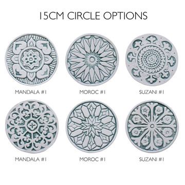 These circular tiles make beautiful outdoor wall art.  Ceramic wall art for kitchens, bathrooms and wall decor. Our decorative tiles can also be combined with our other handmade tiles to make larger wall art installations.