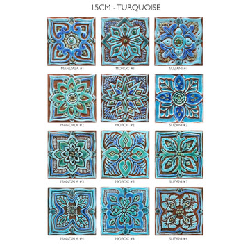 Turquoise handmade tile with decorative relief. Decorative tile handmade in Spain.