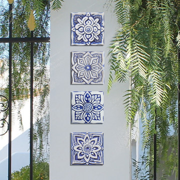 Blue and white handmade tile with relief for kitchens, bathrooms and outdoor wall art. Decorative tile handmade in Spain.