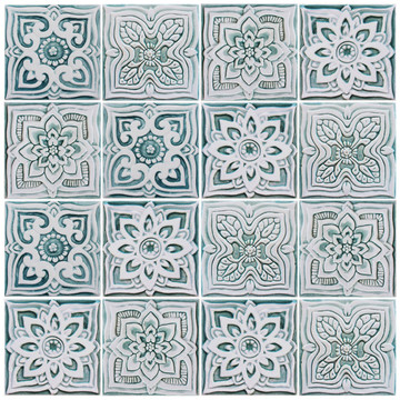 Handmade tile with carved relief for kitchens, bathrooms and outdoor wall art. Decorative tile handmade in Spain in aqua & white.