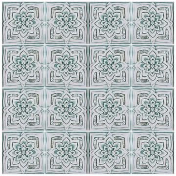 Handmade tile with carved relief for kitchens, bathrooms and outdoor wall art. Decorative tile handmade in Spain in aqua & white.