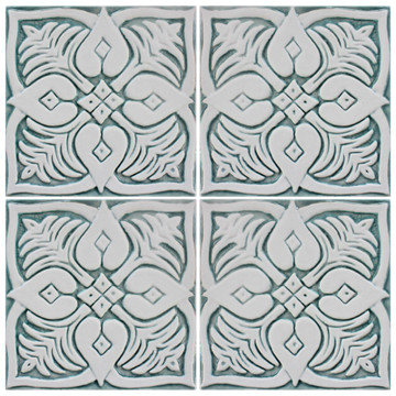 Handmade tile for kitchens, bathrooms and outdoor wall art. Decorative tile handmade in Spain in aqua & white.