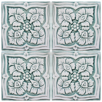 Handmade tile for kitchens, bathrooms and outdoor wall art. Decorative tile handmade in Spain in aqua & white.