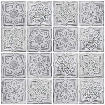 Handmade tile for kitchens, bathrooms and outdoor wall art. Decorative tile handmade in Spain. Relief tile glazed in grey and white.