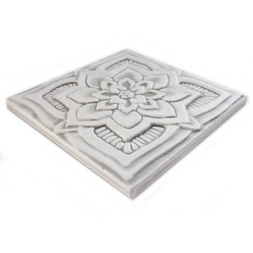 Handmade tile for kitchens, bathrooms and outdoor wall art. Decorative tile handmade in Spain. Relief tile glazed in grey and white.