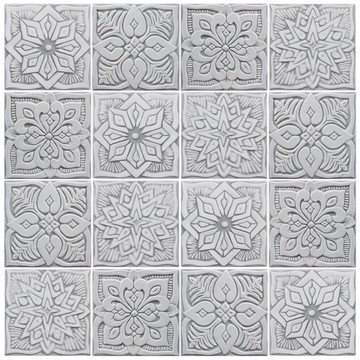 Handmade Moroccan tile for kitchens, bathrooms and outdoor wall art. Decorative tile handmade in Spain. Relief tile glazed in grey and white.